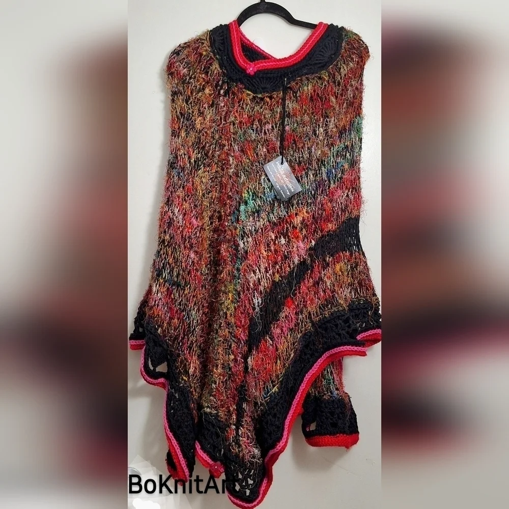 NWT Luxury Recycled Silk & Cashmere Asymmetrical Hand Knitted Long Poncho
